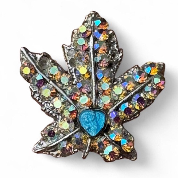 Vintage Turquoise Enamel and Rhinestone Virgin Mary Maple Leaf Brooch Pin - Picture 1 of 4